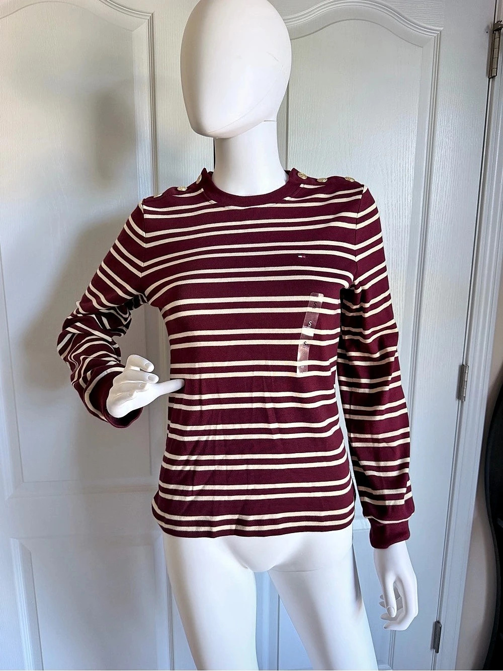 New Tommy Hilfiger Gold Button Striped Long Sleeve Burgundy Crewneck T-shirt SP